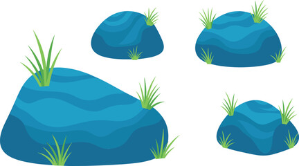 Blue Cartoon Rock and Stone Set with Grass Tufts Natural Landscape Element Collection Vector Illustration © MdAbuSayed