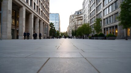 Naklejka premium Urban professionals walk on a spacious stone plaza in front of elegant modern buildings during the day