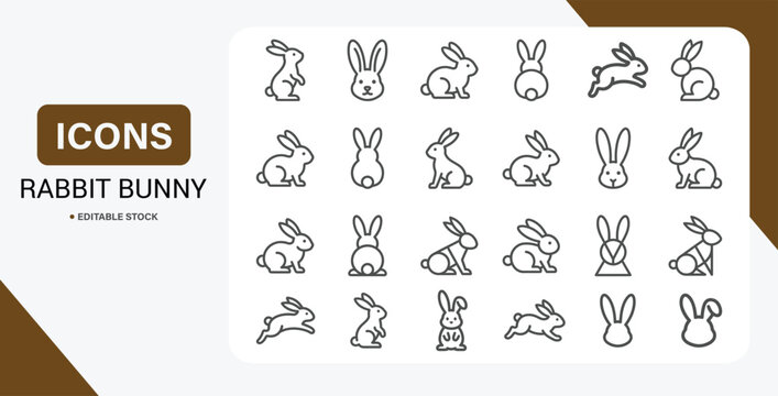 Cute bunny rabbit outline icon set with red line characters for Easter animal vector collection.