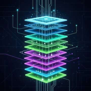 Digital data stack with glowing layers and circuit connections. Abstract technology concept representing network architecture, cloud computing, or API.