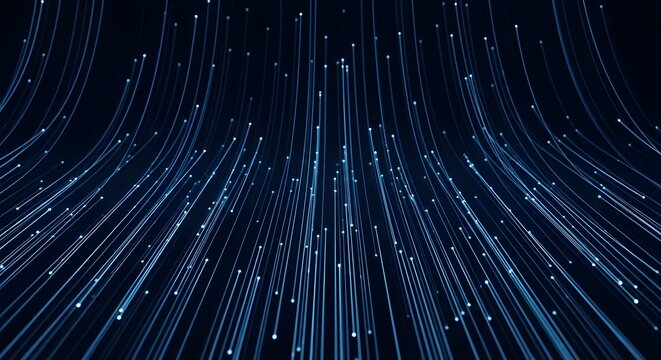 Abstract blue light streams flowing upward on a dark background, creating a futuristic and technological feel. The glowing lines suggest data streams and digital connection.