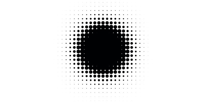 Black radial halftone circles. Dotted sound wave rings. Stippled epicenter, target, radar icon concept. Ripple concentric signal vibration element. Vector round dashed and dotted