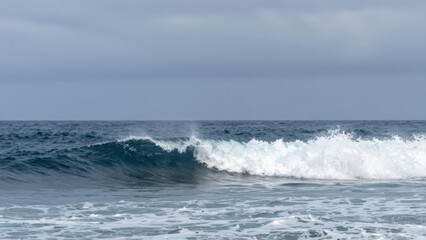 Naklejka premium Powerful Ocean Wave Crashing with White Foam Against a Cloudy Sky Capturing Dynamic Motion and Natural Energy in Coastal Seascape Photography