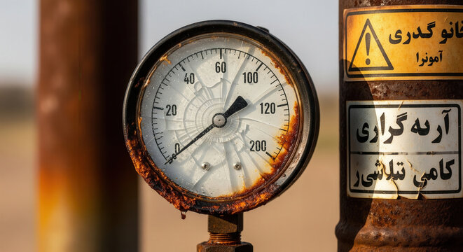 Close-up of a shattered pressure gauge on a rusted Iranian refinery pipe, showing fire damage amid escalating Middle East war tensions
