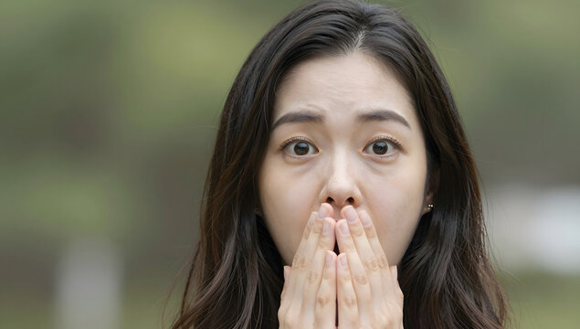 AI PHOTO - South Korean woman looking to the camera with surprised expression and her hands covering her mouth, shot eye level and close up