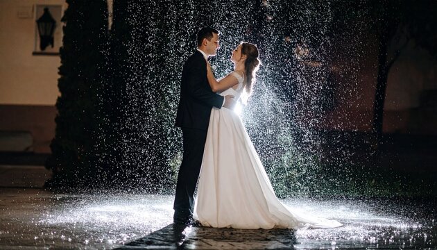 bride and groom in the rain