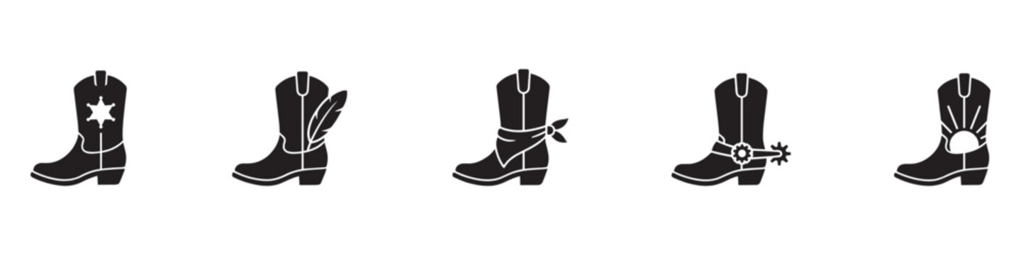 Cowboy boots icon set. Western wild west footwear silhouettes with sheriff star, feather, bandana, spurs and sunset desert elements, flat vector illustration on white background. Vector Illustration.