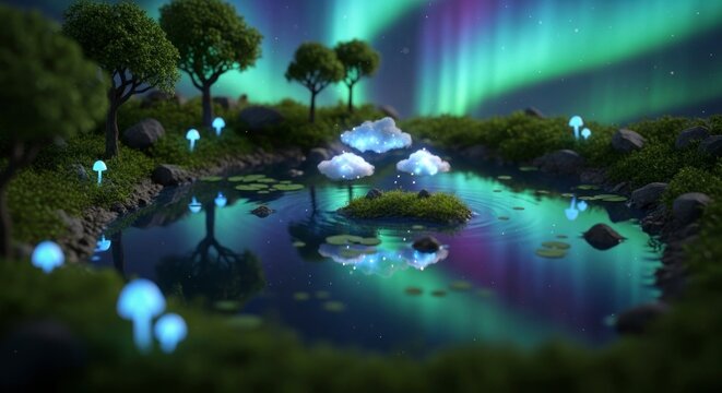 Mystical lake scene under aurora borealis lights with glowing elements