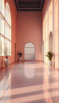 A whisper of dawn across polished floors, where gentle light sculpts serene spaces into pastel dreams,  welcoming,  serene
