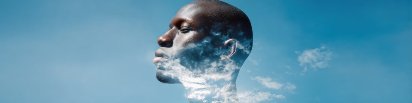 African male adult profile doubleexposure clouds sky portrait calm visionary headspace blending nature and identity in crisp blue atmosphere