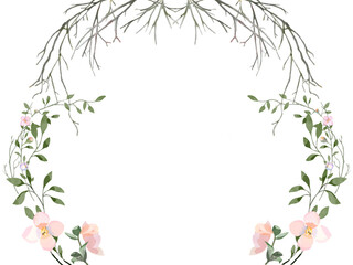 Obraz premium Peach Flowers and Branches A6 Frame Transparent for wedding engagement prom formal birthday party winter to spring seasons change easter floral border watercolour illustration flower background pastel