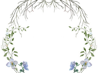Fototapeta premium Blue Flowers and Branches A6 Frame Transparent for wedding engagement prom formal birthday party winter to spring seasons easter growth floral border watercolour illustration flower background png