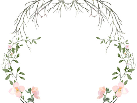 Peach Flowers and Branches A6 Frame Transparent for wedding engagement prom formal birthday party winter to spring seasons change easter floral border watercolour illustration flower background pastel