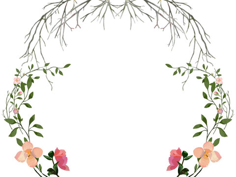 Bright Peach Flowers and Branches A6 Frame Transparent for wedding engagement prom formal birthday party winter to spring seasons change easter floral border watercolour illustration flower background