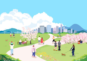 People walking in spring city park with cherry blossoms landscape illustration © 하진 박