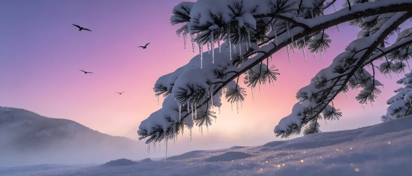 Winter Landscape with Snowy Pine and Birds