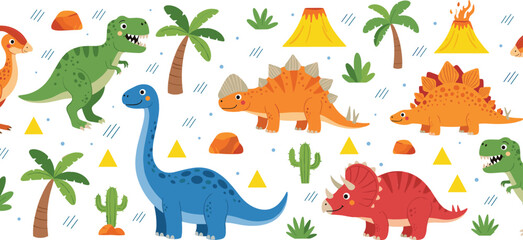 Cute colorful dinosaur collection with volcano palm trees and prehistoric elements cartoon style isolated vector illustration set © MdAbuSayed
