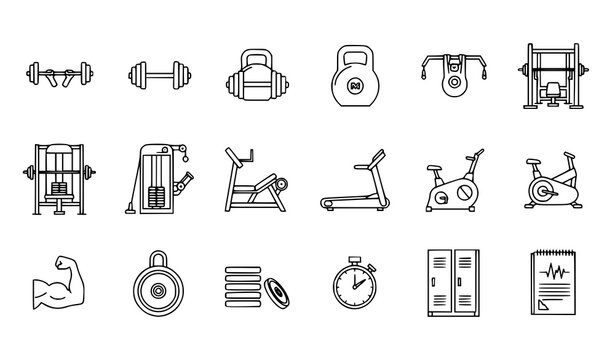 Fitness and bodybuilding gym icon pack with strength training machines and workout equipment thin line vector