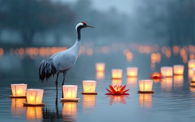Fototapeta premium Crane Bird Standing in Shallow Water with Lanterns