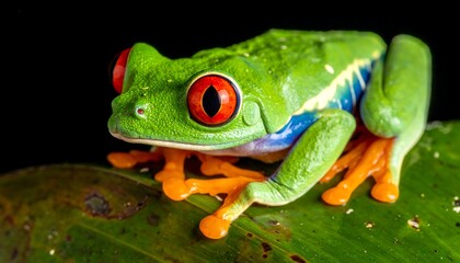 Naklejka premium Vibrant Red-Eyed Tree Frog Perched on a Lush Green Leaf.