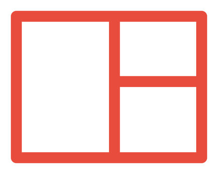 A modern geometric composition features a red outlined rectangle divided into sections on a white background