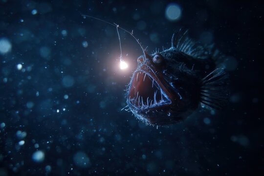 Glowing Predator Lurks. Dark Depths Hide Glowing Hunter. Luminescent Anglerfish Waits Silently In Darkness