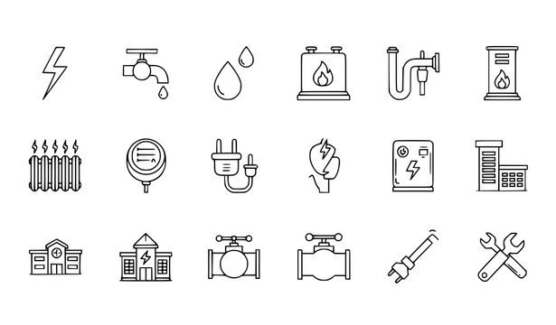 A set of line art icons depicting various plumbing and electrical tools and symbols