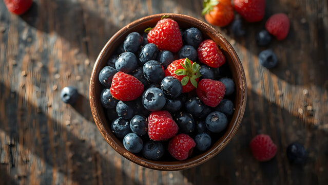 Fresh mixed berries with strawberries raspberries and blueberries in rustic bowl.