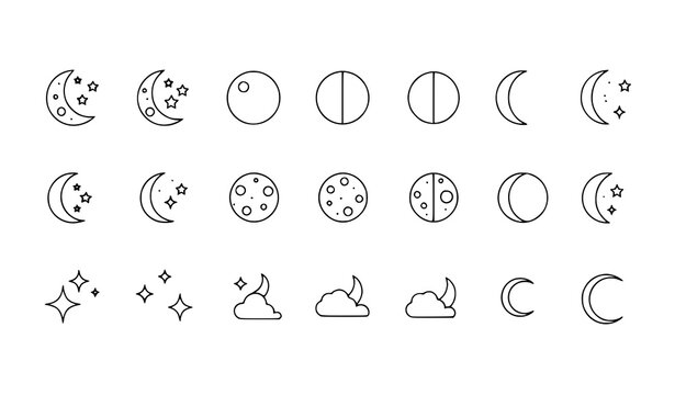 A set of minimalist moon phase icons with stars and clouds