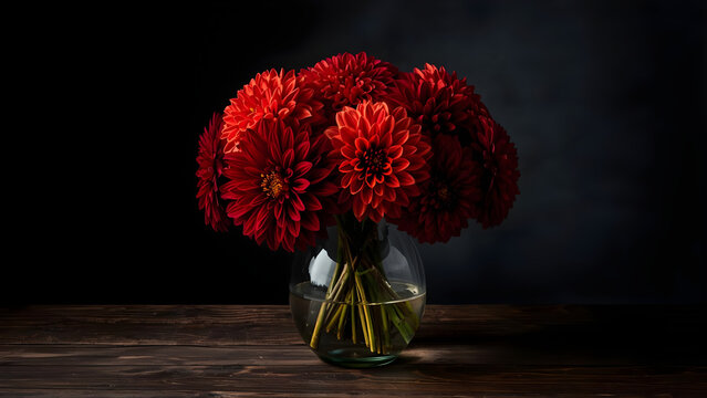 Red chrysanthemum bouquet in glass vase on wooden table with dark background
