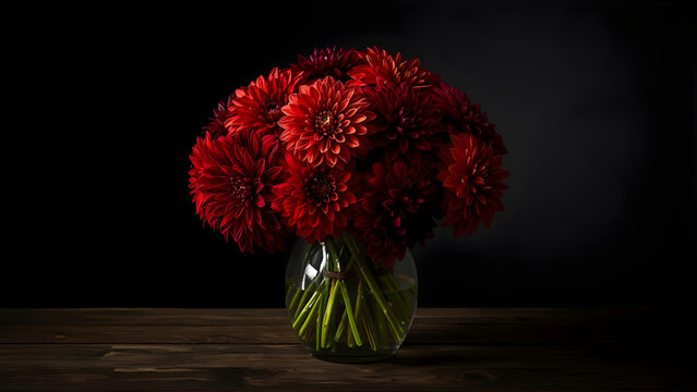 Red chrysanthemum bouquet in glass vase on wooden table with dark background