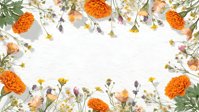 Colorful wildflowers forming floral frame on white background with copy space.