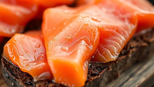 tonalite. Close-up of oily smoked salmon slices on dark rye bread. menu design, packaging mockups, designed for culinary blogs and recipe cards for restaurants, used by interior designers.