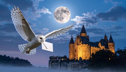 Obraz premium White Owl Carrying Letter Flying Over Magic School Castle Under Full Moon