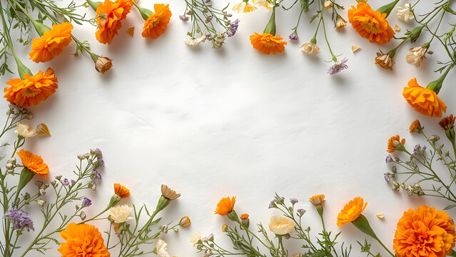 Colorful wildflowers forming floral frame on white background with copy space.