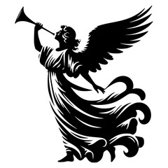 A black silhouette of an angel blowing a trumpet with wings spread wide in a dynamic pose © Muhammad Asim