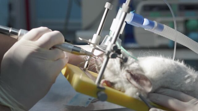 Professional veterinarian performing a complex dental sanitation on a small chinchilla under general anesthesia, using specialized tools to ensure the rodent's oral health in a modern clinic.