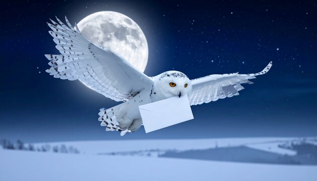 Fantasy Night Scene &ndash; White Owl Flying with Mail Letter