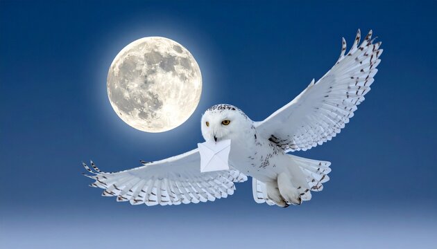 Flying White Owl Carrying Letter Under Full Moon &ndash; Fantasy Magic Night Sky
