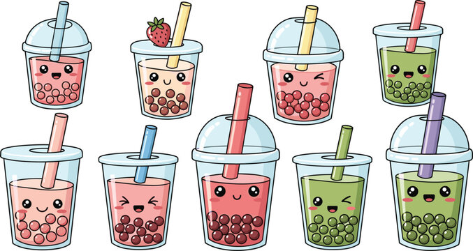 Cute bubble tea drinks with tapioca pearls kawaii cartoon boba milk tea cups set vector illustration