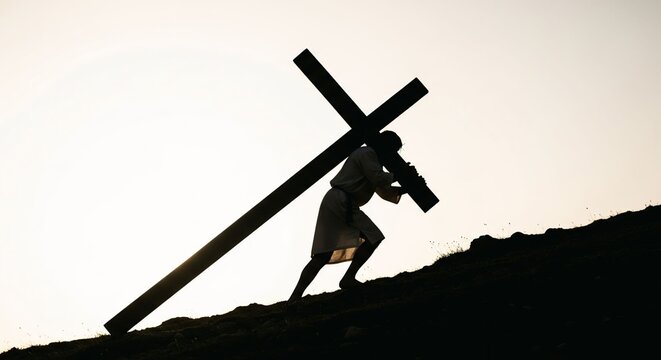 Silhouette of Jesus carrying cross on hill at sunset, Christian faith concept