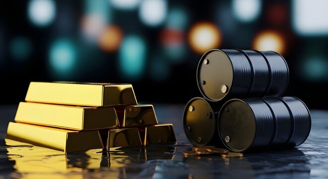 Global Commodity Markets: A Conceptual Digital Illustration of Gold Bullion Bars and Crude Oil Barrels Representing Wealth and Investment