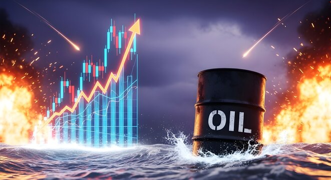 Oil barrel and rising chart in fiery, turbulent waters, symbolizing energy market volatility and global economic crisis.