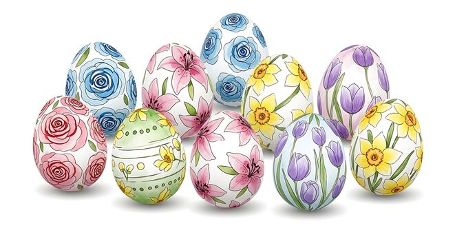 Colorful Easter eggs with floral patterns on a white background