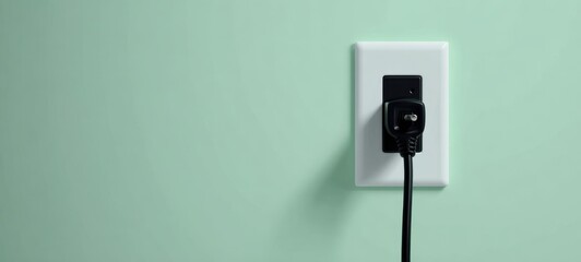 The Power Plug Inserted into Wall Outlet Against Pastel Green Background