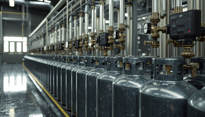 Naklejka premium A row of industrial gas cylinders in a factory