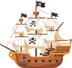 Pirate ship with skull and crossbones flags wooden sailing vessel for sea adventure and treasure hunting vector illustration © MdRazaul
