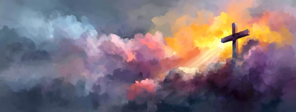 A powerful spiritual cross stands strong against a dramatically vibrant painterly sky with impressionistic clouds in bright orange yellow and deep pur