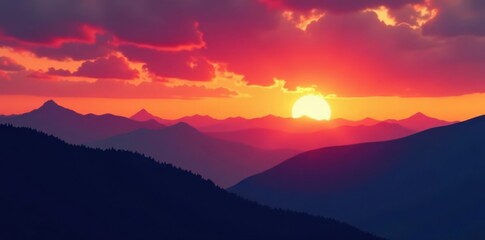 Obraz premium Silhouetted mountain range against fiery sunset sky, peak, outdoor, scene
