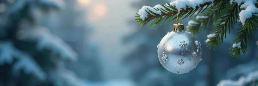 Silver snowflake ornament hangs from snowy pine branch , winter, celebration